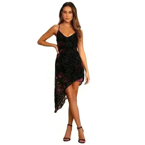 Lulus Evenings with You Black Floral Velvet Asymmetrical Dress Size XL - Picture 1 of 7